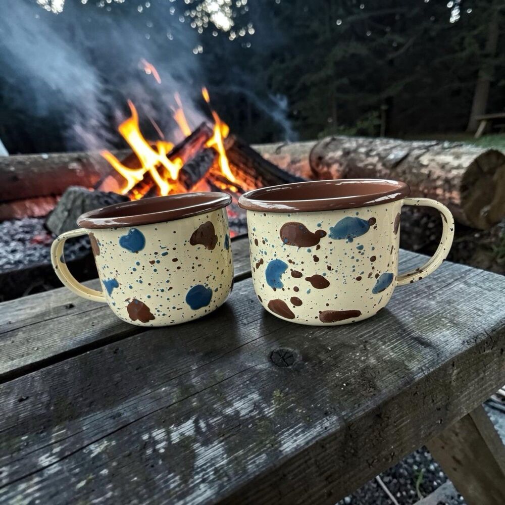 ARTESANO Enamelware  2 Hand-Painted Blue & Brown CUPS 22oz Columbia 100% Steel